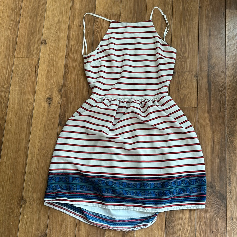 Sage White and Red Striped Backless Sundress with Blue Border